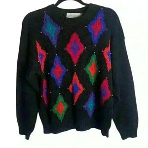 Robert Scott Ltd Vintage Sweater Size Medium Black Colorful Diamond Funky Beaded